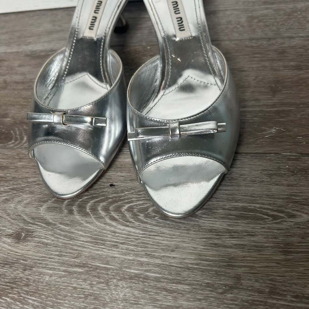 Miu Miu Silver Metallic Leather Bow Sandals